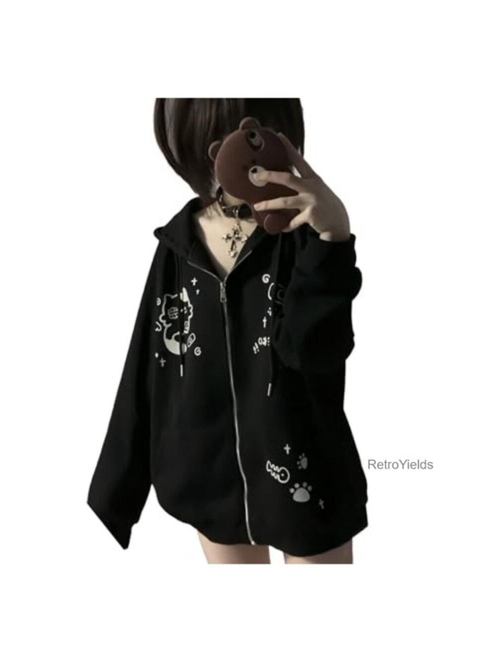 Y2K Oversized Zip-Up Hoodie with Cat Ears Kawaii Streetwear